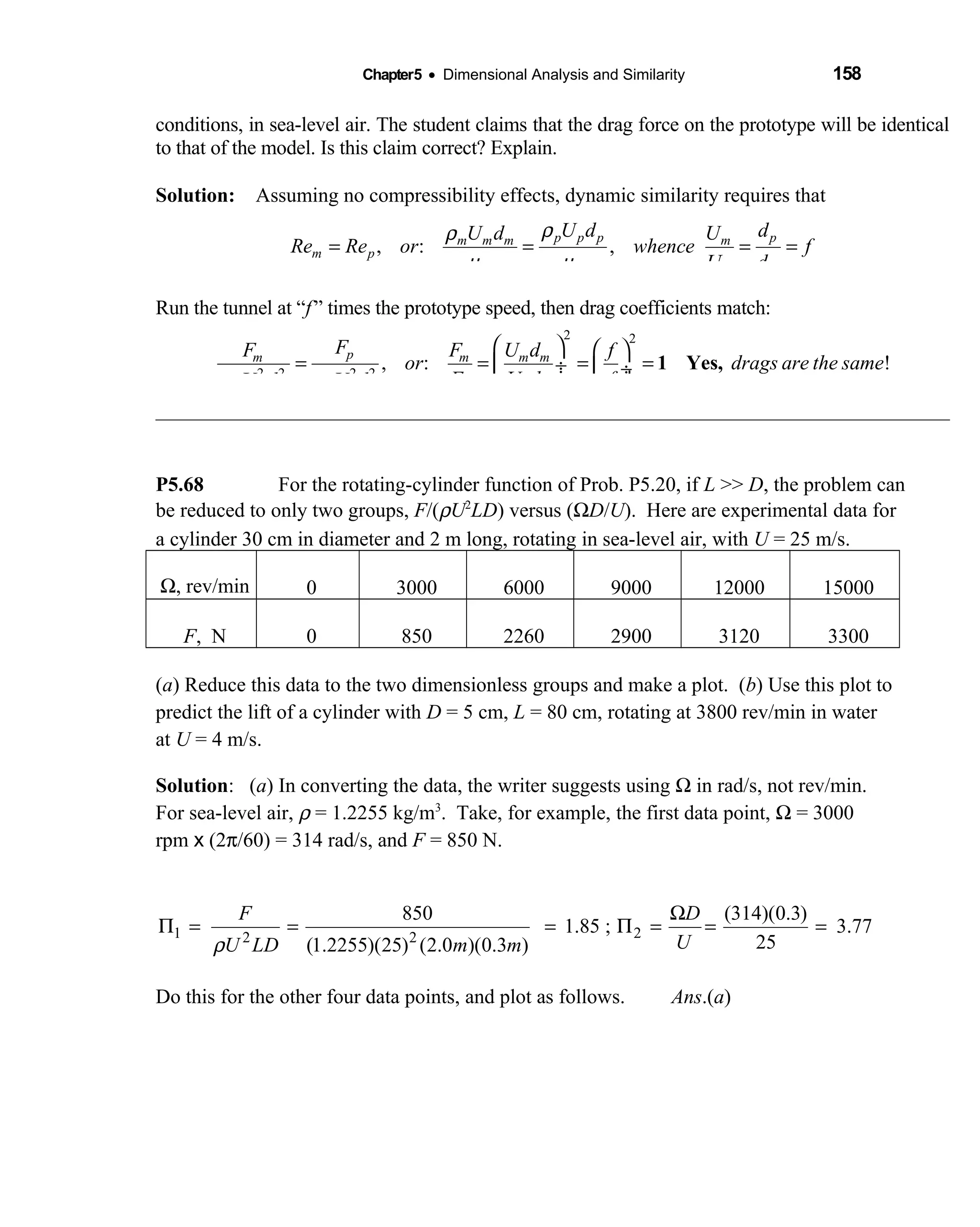 Chapter5 • Dimensional Analysis and Similarity 158
conditions, in sea-level air. The student claims that the drag force on the prototype will be identical
to that of the model. Is this claim correct? Explain.
Solution: Assuming no compressibility effects, dynamic similarity requires that 
, : ,
p p p pm m m m
m p
m p p m
U d dU d U
Re Re or whence f
U d
ρρ
µ µ
= = = =
Run the tunnel at “f” times the prototype speed, then drag coefficients match:
2 2
2 2 2 2
, : !
pm m m m
p p pm m m p p p
FF F U d f
or drags are the same
F U d fU d U dρ ρ
   
= = = = ÷  ÷ ÷   
1 Yes,
P5.68 For the rotating-cylinder function of Prob. P5.20, if L >> D, the problem can
be reduced to only two groups, F/(ρU2
LD) versus (ΩD/U). Here are experimental data for
a cylinder 30 cm in diameter and 2 m long, rotating in sea-level air, with U = 25 m/s.
Ω, rev/min 0 3000 6000 9000 12000 15000
F, N 0 850 2260 2900 3120 3300
(a) Reduce this data to the two dimensionless groups and make a plot. (b) Use this plot to
predict the lift of a cylinder with D = 5 cm, L = 80 cm, rotating at 3800 rev/min in water
at U = 4 m/s.
Solution: (a) In converting the data, the writer suggests using Ω in rad/s, not rev/min.
For sea-level air, ρ = 1.2255 kg/m3
. Take, for example, the first data point, Ω = 3000
rpm x (2π/60) = 314 rad/s, and F = 850 N.
1 22 2
850 (314)(0.3)
1.85 ; 3.77
25(1.2255)(25) (2.0 )(0.3 )
F D
UU LD m mρ
Ω
Π = = = Π = = =
Do this for the other four data points, and plot as follows. Ans.(a)
 