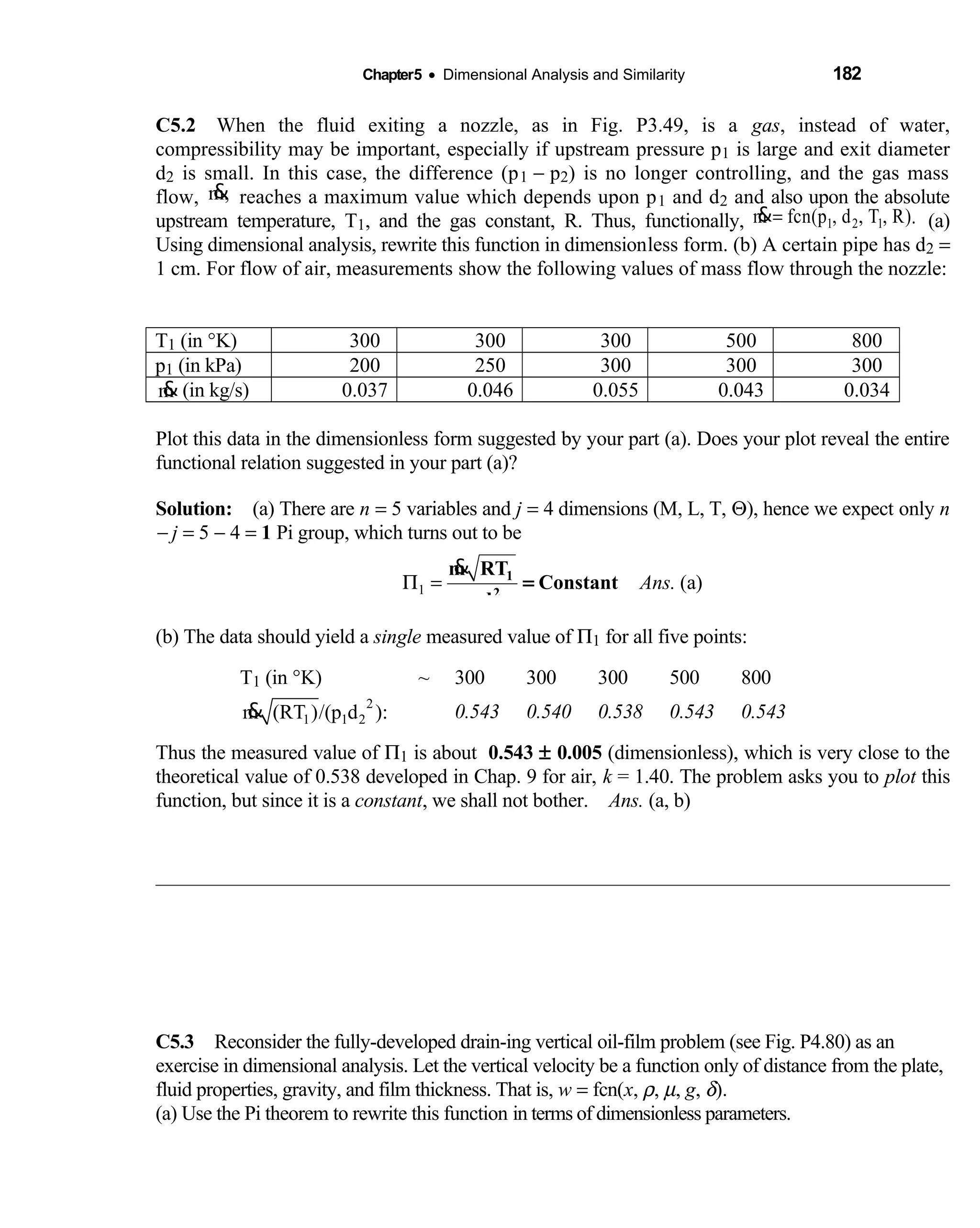 Chapter5 • Dimensional Analysis and Similarity 182
C5.2 When the fluid exiting a nozzle, as in Fig. P3.49, is a  gas, instead of water,
compressibility may be important, especially if upstream pressure p1 is large and exit diameter
d2 is small. In this case, the difference (p1 − p2) is no longer controlling, and the gas mass
flow, m,& reaches a maximum value which depends upon p1 and d2 and also upon the absolute
upstream temperature, T1, and the gas constant, R. Thus, functionally, =& 1 2 1m fcn(p , d , T , R). (a)
Using dimensional analysis, rewrite this function in dimensionless form. (b) A certain pipe has d2 =
1 cm. For flow of air, measurements show the following values of mass flow through the nozzle:
T1 (in °K) 300 300 300 500 800
p1 (in kPa) 200 250 300 300 300
m& (in kg/s) 0.037 0.046 0.055 0.043 0.034
Plot this data in the dimensionless form suggested by your part (a). Does your plot reveal the entire
functional relation suggested in your part (a)?
Solution: (a) There are  n = 5 variables and j = 4 dimensions (M, L, T, Θ), hence we expect only n
− j = 5 − 4 = 1 Pi group, which turns out to be
1 (a)Ans.Π =
& 1
2
1 2
m RT
Constant
p d
=
(b) The data should yield a single measured value of Π1 for all five points:
T1 (in °K) ~ 300 300 300 500 800
2
1 1 2m (RT )/(p d ):& 0.543 0.540 0.538 0.543 0.543
Thus the measured value of Π1 is about 0.543 ± 0.005 (dimensionless), which is very close to the
theoretical value of 0.538 developed in Chap. 9 for air, k = 1.40. The problem asks you to plot this
function, but since it is a constant, we shall not bother. Ans. (a, b)
C5.3 Reconsider the fully-developed drain-ing vertical oil-film problem (see Fig. P4.80) as an 
exercise in dimensional analysis. Let the vertical velocity be a function only of distance from the plate,
fluid properties, gravity, and film thickness. That is, w = fcn(x, ρ, µ, g, δ).
(a) Use the Pi theorem to rewrite this function in terms of dimensionless parameters.
 