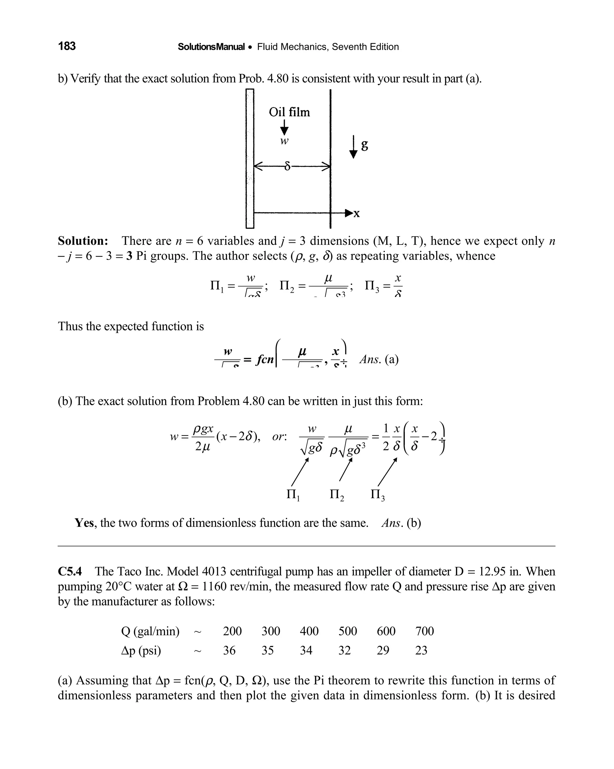 183 SolutionsManual • Fluid Mechanics, Seventh Edition 
b) Verify that the exact solution from Prob. 4.80 is consistent with your result in part (a).
Solution: There are  n = 6 variables and j = 3 dimensions (M, L, T), hence we expect only n
− j = 6 − 3 = 3 Pi groups. The author selects (ρ, g, δ) as repeating variables, whence
1 2 3
3
; ;
w x
g g
µ
δδ ρ δ
Π = Π = Π =
Thus the expected function is
. (a)Ans
 
 ÷
 
w x
fcn
g g
µ
δδ ρ δ
=
3
,
(b) The exact solution from Problem 4.80 can be written in just this form:
3
1 2 3
1
( 2 ), : 2
2 2
gx w x x
w x or
g g
ρ µ
δ
µ δ δδ ρ δ
 
= − = − ÷
 
Π Π Π
Yes, the two forms of dimensionless function are the same. Ans. (b)
C5.4 The Taco Inc. Model 4013 centrifugal pump has an impeller of diameter D  = 12.95 in. When
pumping 20°C water at Ω = 1160 rev/min, the measured flow rate Q and pressure rise ∆p are given
by the manufacturer as follows:
Q (gal/min) ~ 200 300 400 500 600 700
∆p (psi) ~ 36 35 34 32 29 23
(a) Assuming that ∆p = fcn(ρ, Q, D, Ω), use the Pi theorem to rewrite this function in terms of
dimensionless parameters and then plot the given data in dimensionless form. (b) It is desired
 