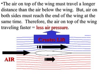 •The air on top of the wing must travel a longerThe air on top of the wing must travel a longer
distance than the air below the wing. But, air ondistance than the air below the wing. But, air on
both sides must reach the end of the wing at theboth sides must reach the end of the wing at the
same time. Therefore, the air on top of the wingsame time. Therefore, the air on top of the wing
traveling faster =traveling faster = less air pressureless air pressure..
Creates LiftCreates Lift
AIRAIR
 