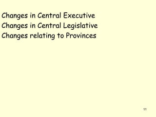 Changes in Central Executive
Changes in Central Legislative
Changes relating to Provinces
11
 