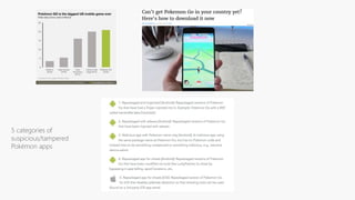 5 categories of
suspicious/tampered
Pokémon apps
 