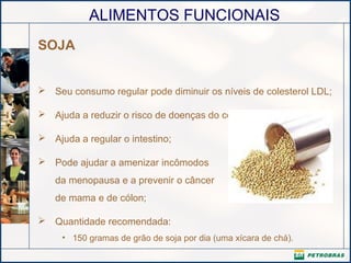 ALIMENTOS FUNCIONAIS
SOJA
 Seu consumo regular pode diminuir os níveis de colesterol LDL;
 Ajuda a reduzir o risco de doenças do coração;
 Ajuda a regular o intestino;
 Pode ajudar a amenizar incômodos
da menopausa e a prevenir o câncer
de mama e de cólon;
 Quantidade recomendada:
• 150 gramas de grão de soja por dia (uma xícara de chá).
 