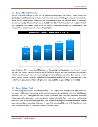 Telecom Industry


4.2 Large Market Potential
Around 30-40 million people in India join the middle class every year. The country’s upper middle class
spends 6 percent of its earnings on telecom services. India is one of the largest consumer markets in the
world. Due to rapid economic growth and rise in disposable income, the spending power of consumers
is increasing rapidly. It has been forecasted that 15 years down the line, Indians will be approximately
four times richer than they are today. As per this forecast, Indians will purchase five times more cars and
consume three times more crude oil than they do today.




According to the 2001 census, about 54 per cent of the country’s total population was below 25 years of
age. By 2013, another 200 million people will be joining the league, representing an exponential growth
in the ‘consuming class’. India will become a large consumer of world resources - be it natural or man-
made, thereby offering numerous opportunities to marketers around the globe. Approximately 33 per
cent of India’s population will be residing in urban areas by 2026, as against 28 per cent in 2001.



4.3 Large Talent Pool
The working age population is expected to rise by 83 per cent by 2026. India has over 380 universities
and about 1,500 research institutes, which churn out approximately 200,000 engineers, 300,000 post
graduates, 2,100,000 other graduates and around 9,000 PhDs. This large base of skilled manpower
offers unparalleled advantages to the companies operating in India. As a result, many multinational
companies have either established operation hubs in India to leverage this sizeable talent pool, or they
have outsourced their work to a third party in India. The numerous BPOs and KPOs flourishing in India
are a direct consequence of companies choosing the latter option.




Anjana, Prachi, Puneet, Sandeep                                                                         22
 