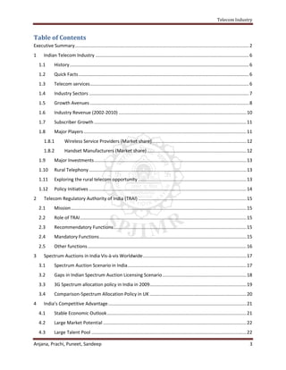 Telecom Industry


Table of Contents
Executive Summary....................................................................................................................................... 2
1      Indian Telecom Industry ....................................................................................................................... 6
    1.1       History ........................................................................................................................................... 6
    1.2       Quick Facts .................................................................................................................................... 6
    1.3       Telecom services ........................................................................................................................... 6
    1.4       Industry Sectors ............................................................................................................................ 7
    1.5       Growth Avenues ........................................................................................................................... 8
    1.6       Industry Revenue (2002-2010) ................................................................................................... 10
    1.7       Subscriber Growth ...................................................................................................................... 11
    1.8       Major Players .............................................................................................................................. 11
       1.8.1         Wireless Service Providers (Market share) ......................................................................... 12
       1.8.2         Handset Manufacturers (Market share) ............................................................................. 12
    1.9       Major Investments ...................................................................................................................... 13
    1.10      Rural Telephony .......................................................................................................................... 13
    1.11      Exploring the rural telecom opportunity .................................................................................... 13
    1.12      Policy Initiatives .......................................................................................................................... 14
2      Telecom Regulatory Authority of India (TRAI) .................................................................................... 15
    2.1       Mission ........................................................................................................................................ 15
    2.2       Role of TRAI ................................................................................................................................. 15
    2.3       Recommendatory Functions ....................................................................................................... 15
    2.4       Mandatory Functions .................................................................................................................. 15
    2.5       Other functions ........................................................................................................................... 16
3      Spectrum Auctions in India Vis-à-vis Worldwide ................................................................................ 17
    3.1       Spectrum Auction Scenario in India ............................................................................................ 17
    3.2       Gaps in Indian Spectrum Auction Licensing Scenario ................................................................. 18
    3.3       3G Spectrum allocation policy in India in 2009........................................................................... 19
    3.4       Comparison-Spectrum Allocation Policy in UK ........................................................................... 20
4      India’s Competitive Advantage ........................................................................................................... 21
    4.1       Stable Economic Outlook ............................................................................................................ 21
    4.2       Large Market Potential ............................................................................................................... 22
    4.3       Large Talent Pool ........................................................................................................................ 22

Anjana, Prachi, Puneet, Sandeep                                                                                                                                  3
 