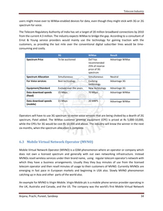 Telecom Industry


users might move over to WiMax-enabled devices for data, even though they might stick with 3G or 2G
spectrum for voice.

The Telecom Regulatory Authority of India has set a target of 20 million broadband connections by 2010
from the current 4.3 million. The industry expects WiMax to bridge the gap. According to a consultant of
Ernst & Young service providers would mainly use the technology for gaining traction with the
customers, as providing the last mile over the conventional digital subscriber lines would be time-
consuming and costly.

                                  3G                       WiMax            Result
      Spectrum Price              To be auctioned          DoT has          Advantage WiMax
                                                           recommended
                                                           25% of reserve
                                                           price of 3G
                                                           spectrum
      Spectrum Allocation         Simultaneous             Simultaneous     Neutral
      For Voice services          Best technology          Evolving         Advantage 3G
                                                           technology
      Equipment/Standard          Evolved over the years   New technology   Advantage 3G
      Data download speeds        15 Mbps                  70 Mbps          Advantage WiMax
      (fixed)
      Data download speeds        15 Mbps                  20 MBPS          Advantage WiMax
      (mobile)



Operators will have to use 3G spectrum to revive voice services that are being choked by a dearth of 2G
spectrum, Patel added. The WiMax customer premise equipment (CPE) is priced at Rs 5,000-10,000,
while the CPEs for 3G would be cost Rs 10,000 and above. The industry will know the winner in the next
six months, when the spectrum allocation is complete.



6.3 Mobile Virtual Network Operator (MVNO)

Mobile Virtual Network Operator (MVNO) is a GSM phenomenon where an operator or company which
does not own a licensed spectrum and generally with out own networking infrastructure. Instead
MVNOs resell wireless services under their brand name, using regular telecom operator's network with
which they have a business arrangements. Usually they they buy minutes of use from the licensed
telecom operator and then resell minutes of usage to their customers of MVNO. Currently MVNOs are
emerging in fast pace in European markets and beginning in USA also. Slowly MVNO phenomenon
catching up in Asia and other parts of the world also.

An example for MVNO is Virgin Mobile. Virgin Mobile plc is a mobile phone service provider operating in
the UK, Australia and Canada, and the US. The company was the world's first Mobile Virtual Network


Anjana, Prachi, Puneet, Sandeep                                                                      34
 