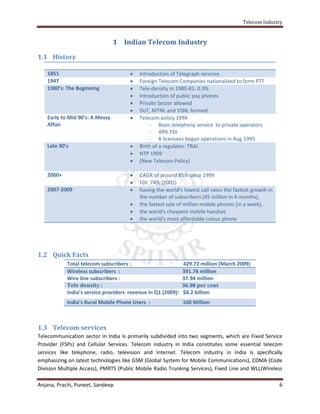 Telecom Industry


                                1 Indian Telecom Industry

1.1 History

   1851                                  Introduction of Telegraph services
   1947                                  Foreign Telecom Companies nationalized to form PTT
   1980’s: The Beginning                 Tele-density in 1980-81: 0.3%
                                         Introduction of public pay phones
                                         Private Sector allowed
                                         DoT, MTNL and VSNL formed
   Early to Mid 90’s: A Messy            Telecom policy 1994
   Affair                                     - Basic telephony service to private operators
                                              - 49% FDI
                                              - 8 licensees began operations in Aug 1995
   Late 90’s                             Birth of a regulator: TRAI
                                         NTP 1999
                                         (New Telecom Policy)

   2000+                                 CAGR of around 85% since 1999
                                         FDI: 74% (2005)
   2007-2009                             having the world's lowest call rates the fastest growth in
                                          the number of subscribers (45 million in 4 months),
                                         the fastest sale of million mobile phones (in a week),
                                         the world's cheapest mobile handset
                                         the world's most affordable colour phone




1.2 Quick Facts
            Total telecom subscribers :                       429.72 million (March 2009)
            Wireless subscribers :                            391.76 million
            Wire line subscribers :                           37.94 million
            Tele density :                                    36.98 per cent
            India’s service providers revenue in Q1 (2009):   $8.2 billion
            India’s Rural Mobile Phone Users :                100 Million



1.3 Telecom services
Telecommunication sector in India is primarily subdivided into two segments, which are Fixed Service
Provider (FSPs) and Cellular Services. Telecom industry in India constitutes some essential telecom
services like telephone, radio, television and Internet. Telecom industry in India is specifically
emphasizing on latest technologies like GSM (Global System for Mobile Communications), CDMA (Code
Division Multiple Access), PMRTS (Public Mobile Radio Trunking Services), Fixed Line and WLL(Wireless

Anjana, Prachi, Puneet, Sandeep                                                                        6
 
