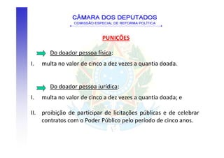 PUNIÇÕES

        Do doador pessoa física:
I.   multa no valor de cinco a dez vezes a quantia doada.


        Do doador pessoa jurídica:
I.   multa no valor de cinco a dez vezes a quantia doada; e

II. proibição de participar de licitações públicas e de celebrar
    contratos com o Poder Público pelo período de cinco anos.
 