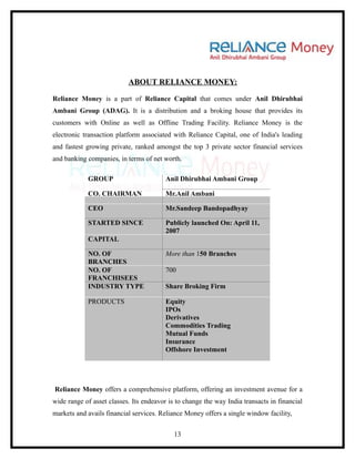 ABOUT RELIANCE MONEY:

Reliance Money is a part of Reliance Capital that comes under Anil Dhirubhai
Ambani Group (ADAG). It is a distribution and a broking house that provides its
customers with Online as well as Offline Trading Facility. Reliance Money is the
electronic transaction platform associated with Reliance Capital, one of India's leading
and fastest growing private, ranked amongst the top 3 private sector financial services
and banking companies, in terms of net worth.

            GROUP                        Anil Dhirubhai Ambani Group

            CO. CHAIRMAN                 Mr.Anil Ambani

            CEO                          Mr.Sandeep Bandopadhyay

            STARTED SINCE                Publicly launched On: April 11,
                                         2007
            CAPITAL

            NO. OF                       More than 150 Branches
            BRANCHES
            NO. OF                       700
            FRANCHISEES
            INDUSTRY TYPE                Share Broking Firm

            PRODUCTS                     Equity
                                         IPOs
                                         Derivatives
                                         Commodities Trading
                                         Mutual Funds
                                         Insurance
                                         Offshore Investment




Reliance Money offers a comprehensive platform, offering an investment avenue for a
wide range of asset classes. Its endeavor is to change the way India transacts in financial
markets and avails financial services. Reliance Money offers a single window facility,


                                            13
 