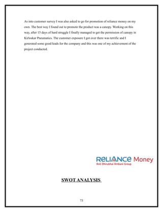 As into customer survey I was also asked to go for promotion of reliance money on my
own. The best way I found out to promote the product was a canopy. Working on this
way, after 15 days of hard struggle I finally managed to get the permission of canopy in
Kirloskar Pneumatics. The customer exposure I got over there was terrific and I
generated some good leads for the company and this was one of my achievement of the
project conducted.




                             SWOT ANALYSIS



                                           73
 