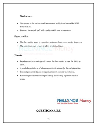 Weaknesses:


  •   New entrant in the market which is dominated by big brand names like ICICI,
      India Bulls etc.
  •   Company has a small staff with a shallow skills base in many areas


Opportunities:

  •   The share trading sector is expanding, with many future opportunities for success
  •   The competitors may be slow to adopt new technologies.



Threats:

  •   Developments in technology will change the share market beyond the ability to
      adapt.
  •   A small change in focus of a large competitor is a threat for the market position.
  •   Constant pressure to be cost competitive to meet customer expectations.
  •   Relentless pressure to maintain profitability due to rising input/raw material
      prices.




                            QUESTIONNAIRE

                                           75
 