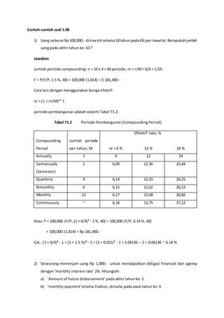 Contoh-contoh soal 1.08
1) Uang sebesarRp100,000.- diinvestirselama10tahunpada6% per-kwartal.Berapakahjumlah
uang pada akhir tahun ke-10 ?
Jawaban
Jumlah periode compounding: n = 10 x 4 = 40 periode, rn = r/M= 6/4 = 1,5%
F = P(F/P, 1.5 %, 40) = 100,000 (1.814) = $ 181,400.-
Cara lain dengan menggunakan bunga efektif:
re = (1 + rn/M)ᵐ⁻1
periode pembangunan adalah seperti Tabel T1.2:
Tabel T1.2 Periode Pembangunan (Compounding Period)
Effektif ‘rate, %
Compounding
Period
Jumlah periode
per-tahun, M re = 6 % 12 % 24 %
Annually 1 6 12 24
Semianually
(Semester)
2 6,09 12,36 25,44
Quarterly 4 6,14 12,55 26,25
Bimonthly 6 6,15 12,62 26,53
Monthly 12 6,17 12,68 26,82
Continuously ~ 6,18 12,75 27,12
Atau: F = 100,000 (F/P, (1 + 6/4)⁴ - 1 %, 40) = 100,000 (F/P, 6.14 %, 40)
= 100,000 (1.814) = Rp 181,400.-
Cat.: (1 + 6/4)⁴ - 1 = (1 + 1.5 %)⁴ - 1 = (1 + 0.015)⁴ - 1 = 1.06136 – 1 = 0.06136 ~ 6.14 %
2) Seseorang meminjam uang Rp 1,000.- untuk mendapatkan obligasi finansial dari agency
dengan ‘monthly interest rate’ 2%. Hitunglah:
a) ‘Amount of future disbursement’ pada akhir tahun ke-2
b) ‘monthly-payment’selama 3 tahun, dimulai pada awal tahun ke-3
 