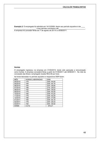 CÁLCULOS TRABALHISTAS
48
Exemplo 2: O empregado foi admitido em 14/12/2009. Assim seu período aquisitivo é de ____
_______________________, e seu período concessivo até ____________________________.
A empresa irá conceder férias de 1º de agosto de 20110 a 30/08/2011.
Horista
O empregado ingressou na empresa em 01/04/2010, tendo sido pactuada a remuneração
como horista. A empresa concederá férias a partir de 01/06/2011 até 30/06/2011. No mês da
concessão das férias o empregado recebe R$ 2,95 por hora.
As horas laboradas no período aquisitivo e respectivos DSR foram:
MÊS HORAS LABORADAS DSR
04/2010 176 24/6 44,00
05/2010 184 25/6 44,16
06/2010 184 25/5 36,80
07/2010 196 27/4 29,03
08/2010 192 26/5 36,92
09/2010 176 24/6 44,00
10/2010 180 25/6 43,20
11/2010 176 24/6 44,00
12/2010 196 26/5 37,69
01/2011 184 25/6 44,16
02/2011 176 24/4 29,33
03/2011 192 26/5 36,92
SOMA 2.212 470,21
 