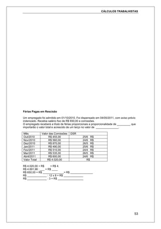 CÁLCULOS TRABALHISTAS
53
Férias Pagas em Rescisão
Um empregado foi admitido em 01/10/2010. Foi dispensado em 04/05/2011, com aviso prévio
indenizado. Recebia salário fixo de R$ 650,00 e comissões.
O empregado receberá a título de férias proporcionais a proporcionalidade de _________ que
importarão o valor total e acrescido de um terço no valor de _______________.
Mês Valor das Comissões DSR
Out/2010 R$ 455,00 25/6 R$
Nov/2010 R$ 560,00 24/6 R$
Dez/2010 R$ 870,00 26/5 R$
Jan/2011 R$ 490,00 25/6 R$
Fev/2011 R$ 510,00 24/4 R$
Mar/2011 R$ 535,00 26/5 R$
Abril/2011 R$ 600,00 24/6 R$
Valor Total R$ 4.020,00 R$
R$ 4.020,00 + R$ = R$ 4.
R$ 4.891,98 : ___ = R$ ____
R$ 650,00 + R$ ______________= R$ _______________
R$ _____________ : 12 x 8 = R$ _____________
R$ _____________ : 3 = R$ _________________
 
