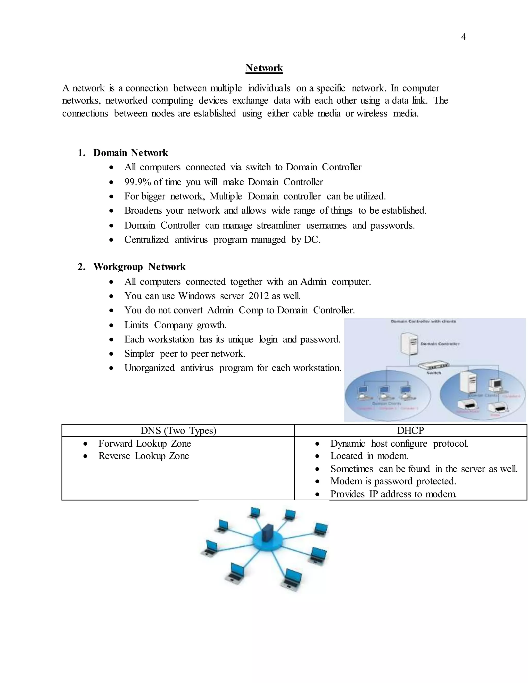 4
Network
A network is a connection between multiple individuals on a specific network. In computer
networks, networked computing devices exchange data with each other using a data link. The
connections between nodes are established using either cable media or wireless media.
1. Domain Network
 All computers connected via switch to Domain Controller
 99.9% of time you will make Domain Controller
 For bigger network, Multiple Domain controller can be utilized.
 Broadens your network and allows wide range of things to be established.
 Domain Controller can manage streamliner usernames and passwords.
 Centralized antivirus program managed by DC.
2. Workgroup Network
 All computers connected together with an Admin computer.
 You can use Windows server 2012 as well.
 You do not convert Admin Comp to Domain Controller.
 Limits Company growth.
 Each workstation has its unique login and password.
 Simpler peer to peer network.
 Unorganized antivirus program for each workstation.
DNS (Two Types) DHCP
 Forward Lookup Zone
 Reverse Lookup Zone
 Dynamic host configure protocol.
 Located in modem.
 Sometimes can be found in the server as well.
 Modem is password protected.
 Provides IP address to modem.
 