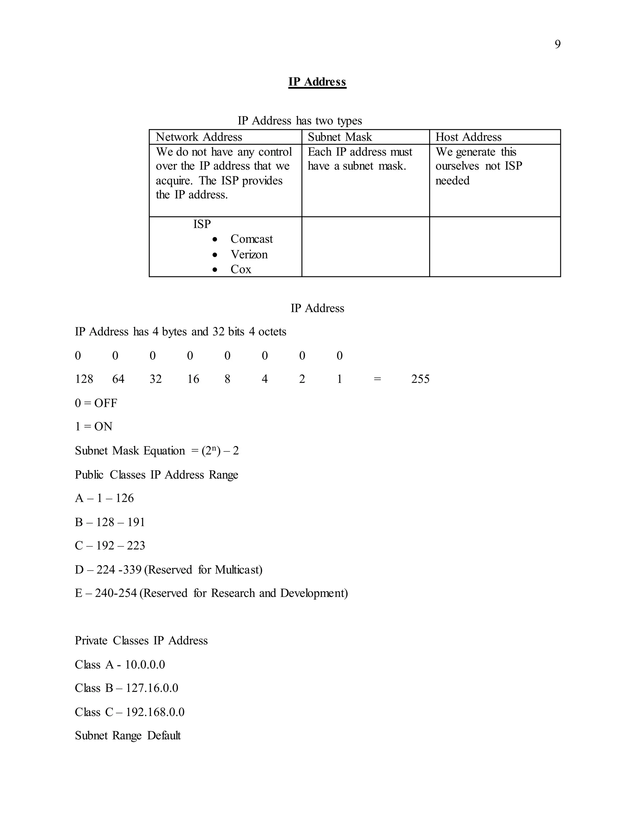 9
IP Address
IP Address has two types
Network Address Subnet Mask Host Address
We do not have any control
over the IP address that we
acquire. The ISP provides
the IP address.
Each IP address must
have a subnet mask.
We generate this
ourselves not ISP
needed
ISP
 Comcast
 Verizon
 Cox
IP Address
IP Address has 4 bytes and 32 bits 4 octets
0 0 0 0 0 0 0 0
128 64 32 16 8 4 2 1 = 255
0 = OFF
1 = ON
Subnet Mask Equation = (2n) – 2
Public Classes IP Address Range
A – 1 – 126
B – 128 – 191
C – 192 – 223
D – 224 -339 (Reserved for Multicast)
E – 240-254 (Reserved for Research and Development)
Private Classes IP Address
Class A - 10.0.0.0
Class B – 127.16.0.0
Class C – 192.168.0.0
Subnet Range Default
 