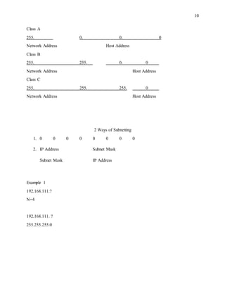 10
Class A
255. 0. 0. 0
Network Address Host Address
Class B
255. 255. 0. 0
Network Address Host Address
Class C
255. 255. 255. 0
Network Address Host Address
2 Ways of Subnetting
1. 0 0 0 0 0 0 0 0
2. IP Address Subnet Mask
Subnet Mask IP Address
Example 1
192.168.111.?
N=4
192.168.111. ?
255.255.255.0
 