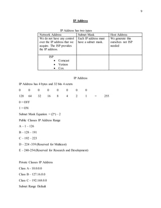 9
IP Address
IP Address has two types
Network Address Subnet Mask Host Address
We do not have any control
over the IP address that we
acquire. The ISP provides
the IP address.
Each IP address must
have a subnet mask.
We generate this
ourselves not ISP
needed
ISP
 Comcast
 Verizon
 Cox
IP Address
IP Address has 4 bytes and 32 bits 4 octets
0 0 0 0 0 0 0 0
128 64 32 16 8 4 2 1 = 255
0 = OFF
1 = ON
Subnet Mask Equation = (2n) – 2
Public Classes IP Address Range
A – 1 – 126
B – 128 – 191
C – 192 – 223
D – 224 -339 (Reserved for Multicast)
E – 240-254 (Reserved for Research and Development)
Private Classes IP Address
Class A - 10.0.0.0
Class B – 127.16.0.0
Class C – 192.168.0.0
Subnet Range Default
 