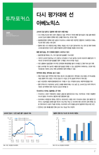 다시 평가대에 선

투자포커스

아베노믹스
소비세 인상 앞두고 일본에 대한 평가 하향 예상

김승현

02.769.3912
economist1@dashin.com

- 다시 아베노믹스에 대한 신뢰가 흔들리고 있음. 무역수지 적자와 빠른 물가상승이 4월 실행 예정인
소비세 인상과 맞물려 정책에 대한 신뢰를 악화시키는 계기로 작용
- 일본중앙은행의 정책에 대한 실망과 우크라이나 사태에 따른 부정적인 영향까지 가세하면서 아베노
믹스에 대한 신뢰는 더욱 압박
- 일본에 대한 시각 하향조정 예상. 엔화는 재상승 시도가 쉽지 않아보이며, 이는 한국 등 엔화 약세에
스트레스를 받았던 아시아 신흥국가들에게 긍정적 환경을 제공할 것으로 예상

빠른 물가상승, 추가 완화에 명분이 사라지고 있다
- 일본은행 물가목표는 2%. 이미 일본 물가상승률은 1%대 중반
- 1997년 소비세 인상(2%p) 시기, 물가는 0.5%에서 2.1%로 높아짐. 당시와 비슷하게 세율인상이 가
격으로 전가된다면 물가상승률은 향후 12개월간 3%대 유지할 가능성
- 이런 상황에서 일본은행이 추가적인 양적완화 확대정책을 펼치기 어려울 것. 엔화 약세 심리 위축
- 일본 소비자들 역시 높아진 세율과 물가상승을 만회할 수 있는 성장전략이 부족하다는 고민에 직면.
자산효과로 개선된 소비는 엔화 강세전환과 함께 위축될 수 있음

무역적자 확대, 엔약세도 별 수 없다
- 엔화 약세로 일본 무역적자 폭은 확대. 에너지 수입 물량 증가, 엔약세로 수입 비용도 큰 폭 늘었음.
수출 경쟁력 우위 산업인 기계 및 운송기기 수입도 큰 폭 상승해 무역수지 악화 원인
- 높은 수입의존도 때문에 통화절하만으로 기대할 수 있는 이익증대 효과는 제한적이었음을 의미
- 향후 무역수지가 개선되어도 낮아진 신뢰를 회복하기에는 다소 늦은 감. 소비세 인상 이후 무역수지
개선은 경기위축에 따른 수입수요 감소로 해석될 것

우크라이나 마저도 일본에는 큰 악재
- 우크라이나 사태가 악화되면서 새로운 금융시장 불안요인으로 부상. 지리적으로 가까운 유럽뿐만
아니라 일본도 우크라이나 불안에 따른 영향권에 있음
- 러시아에서 서유럽으로 향하는 천연가스 파이프라인 4개중 3개가 우크라이나 통과. 정치 불안은 천
연가스 수급차질을 초래해 일본 에너지 수입 부담 커질 것. 러시아에 대한 선진국의 경제 제재는 일
본 전체 에너지 수급의 7%를 차지하는 러시아와의 교역 차질을 낳으며 일본에게 부담스러운 요인
- 안전자산 선호 확대를 통한 엔화 강세 가속 가능성 역시 부정적
소비세 인상시 1 년간 높은 물가 상승세 지속
(%, YoY)
3.0

일본의 원유 및 가스의 대 러시아 의존도
(%)
8

근원소비자물가지수
근원소비자물가지수(13~)

원유
가스

2.5

7

2.0
6

1.5
1.0

5

0.5
4

0.0
-0.5

→ 소비세인상

3

-1.0
96.01
13.01

96.07
13.07

자료: CEIC, 대신증권 리서치센터

97.01
14.01

97.07
14.07

98.01
15.01

98.07
15.07

2
2009

2010

2011

2012

2013

자료: KITA net, 대신증권 리서치센터

2

 