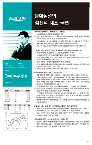 불확실성의
점진적 해소 국면

손해보험

투자의견 비중확대 유지, 불확실성 해소 국면 진입
- 손해보험업종에 대한 투자의견을 비중확대로 유지
- 동절기 효과로 낮은 수준의 이익, 가이던스 발표 전후의 불확실성은 2월이후 계절성이 제거되며
점증되는 순이익을 통해 점진적으로 해소될 것으로 전망
- 자동차보험 관련 제도 개선, 예정이율 인하, 표준화 이후의 실손 담보 요율 인상 등 투자자들이
기대하였지만 지연되고 있는 규제 Risk는 순차적으로 해결될 것으로 전망됨
- 2014~2015년 순이익 증가 사이클에 대한 기존의 입장을 유지하며 투자의견 비중확대 유지

1월 실적 평가: 일반보험 고액사고를 제외하면 양호한 수준의 실적이라고 평가

강승건

이민희

02.769.3096
cygun101@daishin.com

- 상위 5개사의 1월 합산 순이익은 1,432억원, 전년동월대비 5.2% 증가
- 이익 증가의 원인은 1) 장기보험 손해율 안정과 2) 사업비율 개선에 있음
- 지난해 1월 어린이 보험 절판의 기저로 인하여 인담보 신계약은 역성장 하였지만 신계약 관련 비
용 감소로 사업비율은 0.8%p 개선되었음
- 인담보 신계약은 313억원으로 전년동월대비 20.2% 감소하였음
- 지난해 1월에 이어 올해에도 일반보험에서 고액사고가 발생하였음. 메리츠화재 45억원(5건), LIG
손보 20억원(1건), 삼성화재 156억원(1건)임
- 1월 실적 평가는 삼성화재 > LIG손보, 메리츠화재, 동부화재 > 현대해상 순임

02.769.3417
mhlee@daishin.com

투자의견

Check point: 2014년 손보사 가이던스 분석

Overweight
비중확대, 유지

Rating & Target
종목명

투자의견

삼성화재

Buy

290,000원

현대해상

Buy

41,500원

동부화재

Buy

64,500원

LIG손해보험

Buy

41,000원

메리츠화재

Buy

17,200원

주가수익률(%)

목표주가

1M

3M

6M

12M

-2.0
-4.3

절대수익률
상대수익률

-7.9
-5.8

0.6
-1.0

6.6
9.9

(pt)

손해보험산업(좌)

(%)

120

Ralative to KOSPI(우)

25

115

20

- 매출: 인담보 신계약은 역성장 제시, 2013년 1~3월 기저효과 때문, FY13년 대비 5%내외 성장
- 손해율: 자동차보험 손해율은 현대해상을 제외하고는 개선 제시, 대부분 매출증가율 회복에 따른
손해율 부담 축소를 언급, 일반보험 손해율은 LIG손보와 메리츠화재에서 큰 폭의 개선을 제시, 장
기위험 손해율은 대부분 상승을 제시하였음. 표준화 이후 계약의 보험료 인상이 지연되고 있다는
점과 낮은 신계약 성장률을 원인으로 설명
- 투자수익률: 대부분 4% 내외의 투자수익률 제시, 현대해상만 3.5%의 낮은 투자수익률 제시
- 순이익: 2014년 순이익은 1조 9,078억원으로 2013년대비 19.0% 증가를 제시하였음. ROE가
개선될 것으로 전망한 회사는 삼성화재, LIG손보, 메리츠화재임
- 투자수익률에 대한 우리의 생각: 현대해상의 보유 채권 듀레이션은 경쟁사 대비 짧지만 회사채와
특수채 중심으로 구성된 특성을 감안하면 보유이원이 낮다고 평가할 수 없음. 실제 FY13년 이자
수익률은 삼성화재 다음으로 높은 수준이었음
- 현대해상의 처분/평가이익의 투자수익률 기여도 트랜드를 감안시 우리의 전망치 3.8% 달성은 가
능할 것으로 판단됨

2월 실적 전망: 합산순이익 1,607억원으로 1월대비 12.2% 증가 전망
- 계절적 요인이 제거되면서 장기위험 및 자동차보험 손해율이 1월대비 개선될 것으로 전망되며 1
월 실적의 부담요인이었던 고액 일반보험 사고가 제거될 것으로 예상되기 때문임
- 인담보 신계약은 1월대비 부진한 것으로 전망됨 2월은 TM 규제가 본격화된 시기로 TM 영업 중
단의 영향이 나타날 수 밖에 없기 때문임

110
15

105
100

10

95

5

90
0

85
80
13.02

13.05

13.08

13.11

최선호 종목: 상반기: 삼성화재, 하반기: 현대해상 유지
- 삼성화재: 신계약비 추가상각의 부담이 없어지면서 사업비율 안정화가 지속될 것으로 전망되며
자동차 및 장기위험 손해율에서 여전히 경쟁력을 보유하고 있기 때문. 상반기에 투자자들의 기대
치에 가장 잘 부합하는 이익 및 성장을 시현할 것으로 전망됨

-5
14.02

4

 