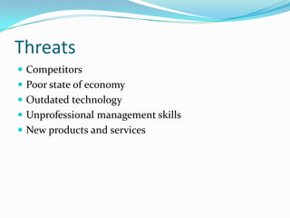 Threats 
Competitors 
Poor state of economy 
Outdated technology 
Unprofessional management skills 
New products and services  