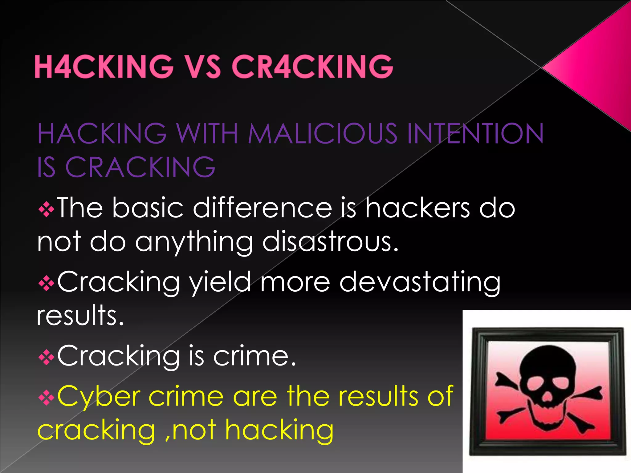 HACKING WITH MALICIOUS INTENTION
IS CRACKING
The basic difference is hackers do
not do anything disastrous.
Cracking yield more devastating
results.
Cracking is crime.
Cyber crime are the results of
cracking ,not hacking

 