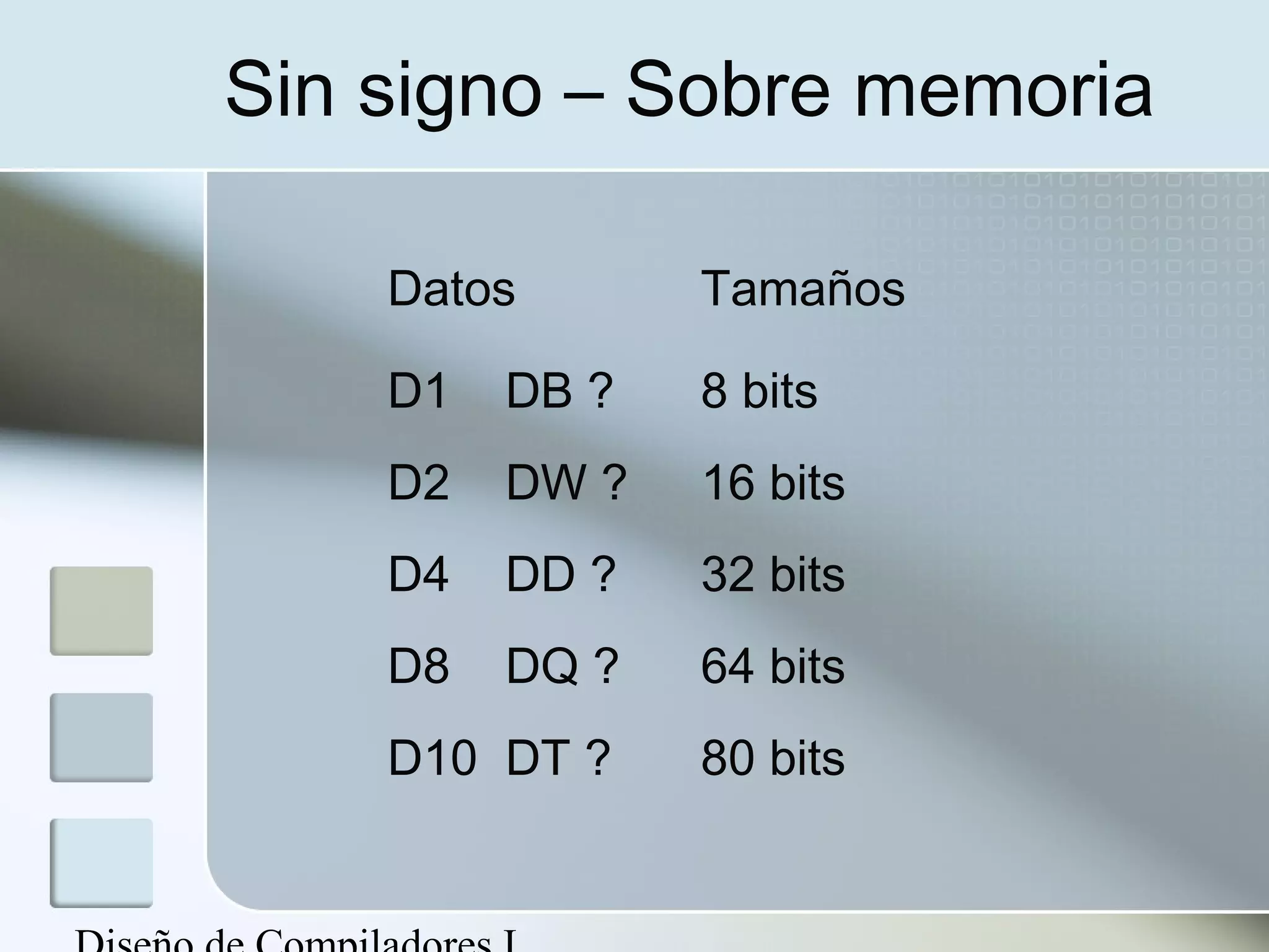 Sin signo – Sobre memoria

    Datos       Tamaños

    D1   DB ?   8 bits
    D2   DW ?   16 bits
    D4   DD ?   32 bits
    D8   DQ ?   64 bits
    D10 DT ?    80 bits
 