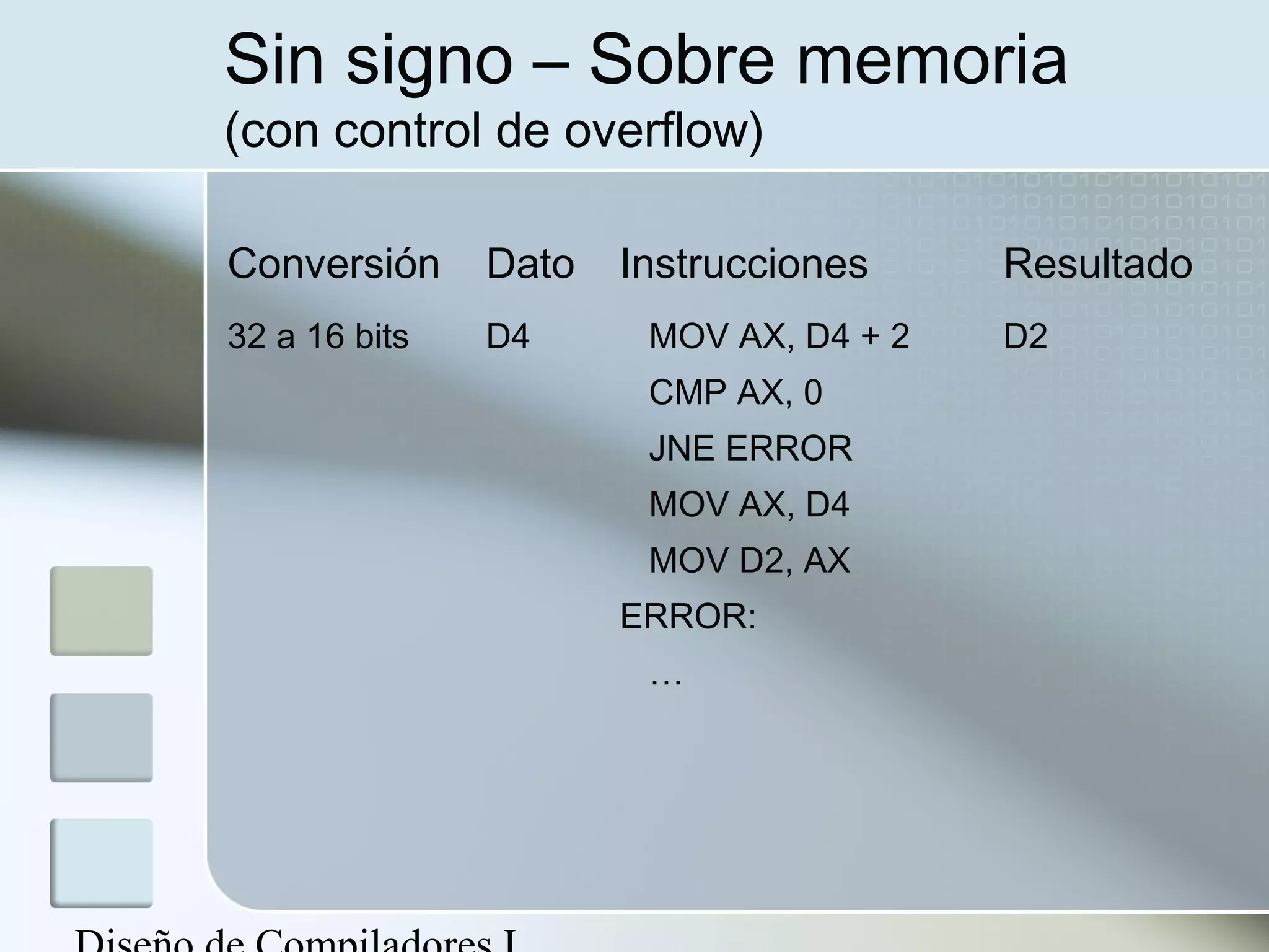 Sin signo – Sobre memoria
(con control de overflow)

Conversión     Dato   Instrucciones     Resultado
32 a 16 bits   D4      MOV AX, D4 + 2   D2
                       CMP AX, 0
                       JNE ERROR
                       MOV AX, D4
                       MOV D2, AX
                      ERROR:
                       …
 