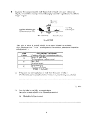 4
2 Diagram 2 shows an experiment to study the reactivity of metals when react with oxygen.
(Rajah 2 menunjukkan satu eksperimen untuk mengkaji kereaktifan logambila bertindak balas
dengan oksigen)
Three types of metals X, Y and Z are used and the results are shown in the Table 2.
(Tiga jenis logamiaitu X, Y dan Z telah digunakan dan keputusan pemerhatian ditunjukkan
dalamJadual 2. )
Metal
(Logam)
Observation (Pemerhatian)
(Condition of burning/keadaan keterbakaran)
X
Burns with bright light
(Terbakar dengan nyalaan terang)
Y
Glows dimly
(Membara malap)
Z
Burns moderately
(Terbakar sederhana)
TABLE 2 ( Jadual 2 )
(a) Write down one inference that can be made from observation in Table 2
(Tuliskan satu inferensyang boleh dibuat berdasarkan pemerhatian pada Jadual 2)
…………………………………………………………………………………………..............
…………………………………………………………………………………………..............
‘; [1 mark]
(b) State the following variables in this experiment.
(Nyatakan pembolehubah berikut dalameksperimen ini)
(i) Manipulated (Dimanipulasi)
…………………………………………………………………………………………..........
Heat (Panaskan)Heat (Panaskan)
Glass wool
(Wul kaca)
Metal filling
(Serbuk logam)Potassiummanganate (VII)
(Kaliummangganat (VII))
DIAGRAM 2
 