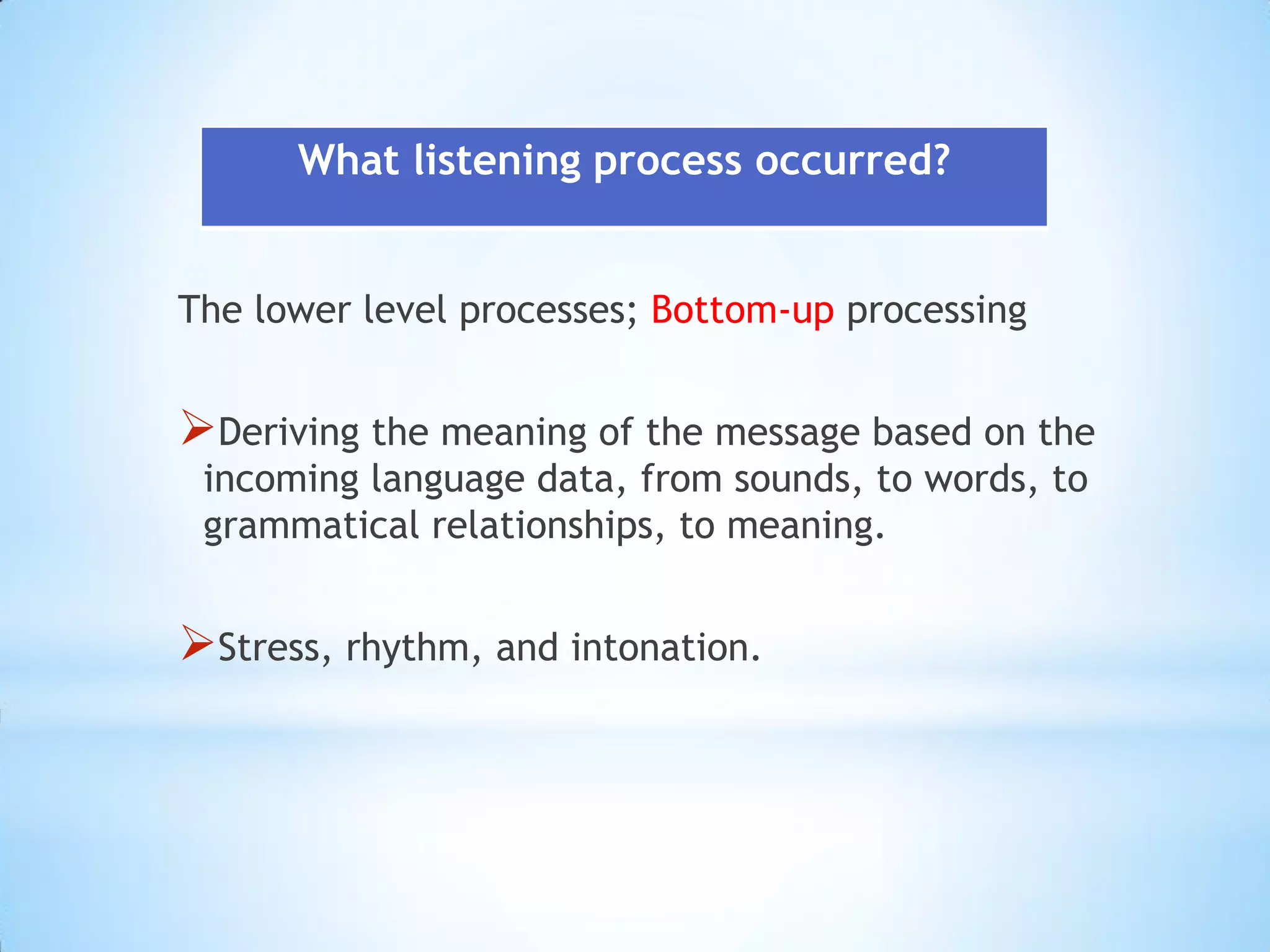 What listening process occurred?
The lower level processes; Bottom-up processing

Deriving the meaning of the message based on the
incoming language data, from sounds, to words, to
grammatical relationships, to meaning.

Stress, rhythm, and intonation.

 