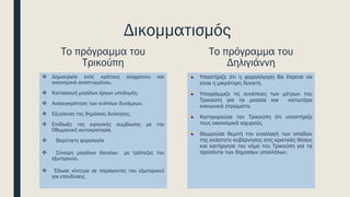 Δικομματισμός
Το πρόγραμμα του
Τρικούπη
❖ Δημιουργία ενός κράτους σύγχρονου και
οικονομικά αναπτυγμένου,
❖ Κατασκευή μεγάλων έργων υποδομής.
❖ Ανασυγκρότηση των ενόπλων δυνάμεων.
❖ Εξυγίανση της δημόσιας διοίκησης.
❖ Επιδίωξη της ειρηνικής συμβίωσης με την
Οθωμανική αυτοκρατορία.
❖ Βαρύτατη φορολογία
❖ Σύναψη μεγάλων δανείων με τράπεζες του
εξωτερικού.
❖ Έδωσε κίνητρα σε παράγοντες του εξωτερικού
για επενδύσεις.
Το πρόγραμμα του
Δηλιγιάννη
Υποστήριζε ότι η φορολόγηση θα έπρεπε να
είναι η μικρότερη δυνατή.
Υπογράμμιζε τις συνέπειες των μέτρων του
Τρικούπη για τα μεσαία και κατωτέρα
κοινωνικά στρώματα.
Κατηγορούσε τον Τρικούπη ότι υποστήριζε
τους οικονομικά ισχυρούς.
Θεωρούσε θεμιτή την εναλλαγή των οπαδών
της εκάστοτε κυβέρνησης στις κρατικές θέσεις
και κατήργησε τον νόμο του Τρικούπη για τα
προσόντα των δημοσίων υπαλλήλων.
 