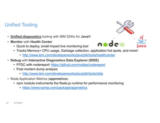 27 3/17/2017
Unified Tooling
• Unified diagnostics tooling with IBM SDKs for Java®
• Monitor with Health Center
• Quick to deploy, small impact live monitoring tool
• Tracks Memory+ CPU usage, Garbage collection, application hot spots, and more!
• http://www.ibm.com/developerworks/java/jdk/tools/healthcenter
• Debug with Interactive Diagnostics Data Explorer (IDDE)
• FFDC with nodereport: https://github.com/nodejs/nodereport
• Post mortem dump analysis
• http://www.ibm.com/developerworks/java/jdk/tools/idde
• Node Application Metrics (appmetrics)
• npm module instruments the Node.js runtime for performance monitoring
• https://www.npmjs.com/package/appmetrics
 