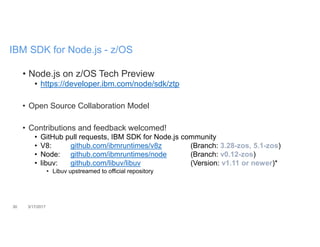 30 3/17/2017
IBM SDK for Node.js - z/OS
• Node.js on z/OS Tech Preview
• https://developer.ibm.com/node/sdk/ztp
• Open Source Collaboration Model
• Contributions and feedback welcomed!
• GitHub pull requests, IBM SDK for Node.js community
• V8: github.com/ibmruntimes/v8z (Branch: 3.28-zos, 5.1-zos)
• Node: github.com/ibmruntimes/node (Branch: v0.12-zos)
• libuv: github.com/libuv/libuv (Version: v1.11 or newer)*
• Libuv upstreamed to official repository
 