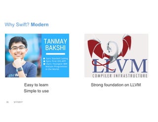 Easy to learn
Simple to use
Strong foundation on LLVM
35 3/17/2017
Why Swift? Modern
 