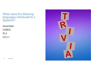 Assembler
COBOL
PL/I
C/C++
4 3/17/2017
When were the following
languages introduced to z
Systems?
 