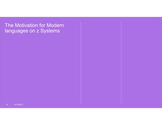The Motivation for Modern
languages on z Systems
9 3/17/2017
 