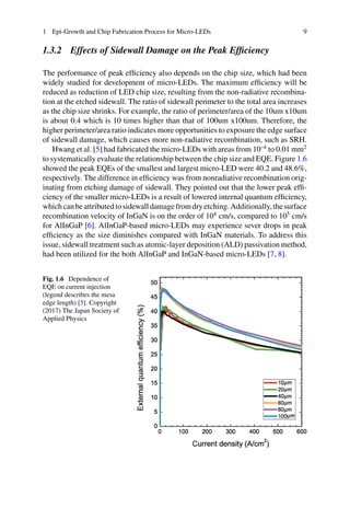 1 Epi-Growth and Chip Fabrication Process for Micro-LEDs 9
1.3.2 Effects of Sidewall Damage on the Peak Efficiency
The performance of peak efficiency also depends on the chip size, which had been
widely studied for development of micro-LEDs. The maximum efficiency will be
reduced as reduction of LED chip size, resulting from the non-radiative recombina-
tion at the etched sidewall. The ratio of sidewall perimeter to the total area increases
as the chip size shrinks. For example, the ratio of perimeter/area of the 10um x10um
is about 0.4 which is 10 times higher than that of 100um x100um. Therefore, the
higher perimeter/area ratio indicates more opportunities to exposure the edge surface
of sidewall damage, which causes more non-radiative recombination, such as SRH.
Hwang et al. [5] had fabricated the micro-LEDs with areas from 10–4
to 0.01 mm2
to systematically evaluate the relationship between the chip size and EQE. Figure 1.6
showed the peak EQEs of the smallest and largest micro-LED were 40.2 and 48.6%,
respectively. The difference in efficiency was from nonradiative recombination orig-
inating from etching damage of sidewall. They pointed out that the lower peak effi-
ciency of the smaller micro-LEDs is a result of lowered internal quantum efficiency,
whichcanbeattributedtosidewalldamagefromdryetching.Additionally,thesurface
recombination velocity of InGaN is on the order of 104
cm/s, compared to 105
cm/s
for AlInGaP [6]. AlInGaP-based micro-LEDs may experience sever drops in peak
efficiency as the size diminishes compared with InGaN materials. To address this
issue, sidewall treatment such as atomic-layer deposition (ALD) passivation method,
had been utilized for the both AlInGaP and InGaN-based micro-LEDs [7, 8].
Fig. 1.6 Dependence of
EQE on current injection
(legend describes the mesa
edge length) [5]. Copyright
(2017) The Japan Society of
Applied Physics
 