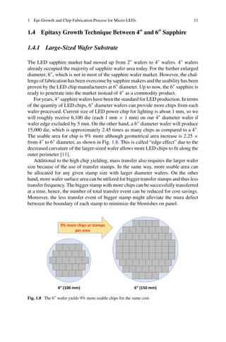 1 Epi-Growth and Chip Fabrication Process for Micro-LEDs 11
1.4 Epitaxy Growth Technique Between 4 and 6 Sapphire
1.4.1 Large-Sized Wafer Substrate
The LED sapphire market had moved up from 2
wafers to 4
wafers. 4
wafers
already occupied the majority of sapphire wafer area today. For the further enlarged
diameter, 6
, which is not in most of the sapphire wafer market. However, the chal-
lenge of fabrication has been overcome by sapphire makers and the usability has been
proven by the LED chip manufacturers at 6
diameter. Up to now, the 6
sapphire is
ready to penetrate into the market instead of 4
as a commodity product.
For years, 4
sapphire wafers have been the standard for LED production. In terms
of the quantity of LED chips, 6
diameter wafers can provide more chips from each
wafer processed. Current size of LED power chip for lighting is about 1 mm, so we
will roughly receive 6,100 die (each 1 mm × 1 mm) on our 4
diameter wafer if
wafer edge excluded by 5 mm. On the other hand, a 6
diameter wafer will produce
15,000 die, which is approximately 2.45 times as many chips as compared to a 4
.
The usable area for chip is 9% more although geometrical area increase is 2.25 ×
from 4
to 6
diameter, as shown in Fig. 1.8. This is called “edge effect” due to the
decreased curvature of the larger-sized wafer allows more LED chips to fit along the
outer perimeter [11].
Additional to the high chip yielding, mass transfer also requires the larger wafer
size because of the use of transfer stamps. In the same way, more usable area can
be allocated for any given stamp size with larger diameter wafers. On the other
hand, more wafer surface area can be utilized for bigger transfer stamps and thus less
transfer frequency. The bigger stamp with more chips can be successfully transferred
at a time, hence, the number of total transfer event can be reduced for cost savings.
Moreover, the less transfer event of bigger stamp might alleviate the mura defect
between the boundary of each stamp to minimize the blemishes on panel.
9% more chips or stamps
per area
4” (100 mm) 6” (150 mm)
Fig. 1.8 The 6 wafer yields 9% more usable chips for the same cost
 