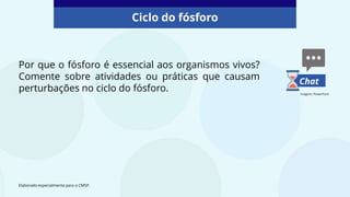 Por que o fósforo é essencial aos organismos vivos?
Comente sobre atividades ou práticas que causam
perturbações no ciclo do fósforo.
Ciclo do fósforo
Elaborado especialmente para o CMSP.
Chat
Imagens: PowerPoint
 