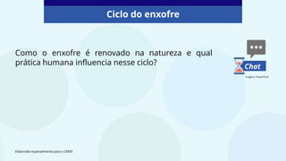 Como o enxofre é renovado na natureza e qual
prática humana influencia nesse ciclo?
Ciclo do enxofre
Elaborado especialmente para o CMSP.
Chat
Imagens: PowerPoint
 