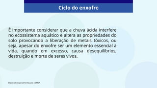 É importante considerar que a chuva ácida interfere
no ecossistema aquático e altera as propriedades do
solo provocando a liberação de metais tóxicos, ou
seja, apesar do enxofre ser um elemento essencial à
vida, quando em excesso, causa desequilíbrios,
destruição e morte de seres vivos.
Ciclo do enxofre
Elaborado especialmente para o CMSP.
 