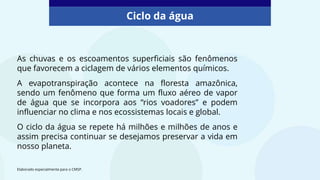 As chuvas e os escoamentos superficiais são fenômenos
que favorecem a ciclagem de vários elementos químicos.
A evapotranspiração acontece na floresta amazônica,
sendo um fenômeno que forma um fluxo aéreo de vapor
de água que se incorpora aos “rios voadores” e podem
influenciar no clima e nos ecossistemas locais e global.
O ciclo da água se repete há milhões e milhões de anos e
assim precisa continuar se desejamos preservar a vida em
nosso planeta.
Ciclo da água
Elaborado especialmente para o CMSP.
 