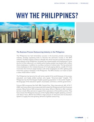 13
Virtu a l Sta ffing | Infr a str u ctu r e | T echn ology
The Business Process Outsourcing Industry in the Philippines
The Philippines has had tremendous success in the business process outsourcing
industry, recently surpassing India to become the dominant country in the BPO
industry. The BPO industry is about a decade old, which has had a profound impact on
many aspects of the Philippines. Its growth has created wealth and employment. Since
the turn of the millennium, an industry which barley existed now boasts half a million
direct employees, in addition to countless numbers of indirect jobs. This has attracted
many employees to the industry because of its high paying salaries, usually 3-5 times
more than the minimum wage bracket. Call centre employees are often getting paid
more than nurses or teachers in the Philippines. The BPO industry is on track to reach
a value of $25 billion in 2016.
The Philippines has become the call centre capital of the world because of its young,
educated, and highly skilled workers who speak “American–style” English. The
Philippines has the third largest English speaking population in the world. English is
the language of the education system, businesses, commerce, and the government.
Fortune 500 companies like Dell, IBM, Capital One, Telus International, AIG, AT & T,
HSBC and many others have outsourced and trusted the Philippines with their business
process. Many fortune 500 companies have setup offices in Manila to offer customer
service or back office services to support their operations in first world countries. They
have chosen the Philippines because of the highly-skilled, English speaking, and low-
cost labour force. Manila has shifted a large amount of resources and its education
system to supply this ever-growing demand of global outsourcing.
Why the philippines?
 
