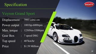 Specification
Veyron Grand Sport
Displacement : 7993 cubic cm
Power output : 1001hp-6000rpm
Max. torque : 1250Nm-5500rpm
Gear Box : 7 speed DSG
Top speed : 407km/hr
Price : $1.59 Million
26
 