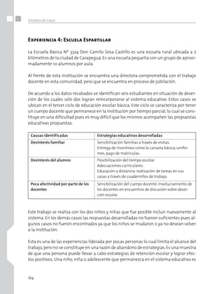 164
Estudios de Casos
Experiencia 4: Escuela Espartillar
La Escuela Básica Nº 3324 Don Camilo Sosa Castillo es una escuela rural ubicada a 7
kilómetros de la ciudad de Carapeguá. Es una escuela pequeña con un grupo de aproxi-
madamente 10 alumnos por aula.
Al frente de esta institución se encuentra una directora comprometida con el trabajo
docente en esta comunidad, pero que se encuentra en proceso de jubilación.
De acuerdo a los datos recabados se identifican seis estudiantes en situación de deser-
ción de los cuales sólo dos logran reincorporarse al sistema educativo. Estos casos se
ubican en el tercer ciclo de educación escolar básica. Este ciclo se caracteriza por tener
un cuerpo docente que permanece en la institución por tiempo parcial, lo cual se cons-
tituye en una dificultad pues es muy difícil que los mismos acompañen las propuestas
educativas propuestas.
Causas identificadas Estrategias educativas desarrolladas
Desinterés familiar Sensibilización familias a través de visitas.
Entrega de incentivos como la canasta básica, unifor-
mes, pago de matriculas.
Desinterés del alumno Flexibilización del tiempo escolar.
Adecuaciones curriculares.
Educación a distancia: realización de tareas en sus
casas a través de cuadernillos de trabajo.
Poca afectividad por parte de los
docentes
Sensibilización del cuerpo docente: Involucramiento de
los docentes en encuentros de discusión sobre deser-
ción escolar.
Este trabajo se realiza con los dos niños y niñas que fue posible incluir nuevamente al
sistema. En los demás casos las respuestas desarrolladas no fueron suficientes pues al-
gunos casos no fueron encontrados ya que los niños se mudaron o ya no desean volver
a la institución.
Esta es una de las experiencias liderada por pocas personas lo cual limita el alcance del
trabajo,pero no se constituye en una razón de abandono de estrategias.Es una muestra
de que una persona puede llevar a cabo estrategias de retención escolar y lograr efec-
tos positivos. Una niño, niña o adolescente que permanezca en el sistema educativo es
 