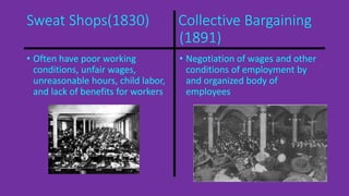 Sweat Shops(1830) Collective Bargaining 
(1891) 
• Often have poor working 
conditions, unfair wages, 
unreasonable hours, child labor, 
and lack of benefits for workers 
• Negotiation of wages and other 
conditions of employment by 
and organized body of 
employees 
 