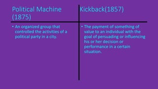 Political Machine Kickback(1857) 
(1875) 
• An organized group that 
controlled the activities of a 
political party in a city. 
• The payment of something of 
value to an individual with the 
goal of persuading or influencing 
his or her decision or 
performance in a certain 
situation. 
 