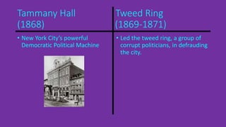 Tammany Hall Tweed Ring 
(1868) (1869-1871) 
• New York City’s powerful 
Democratic Political Machine 
• Led the tweed ring, a group of 
corrupt politicians, in defrauding 
the city. 
 