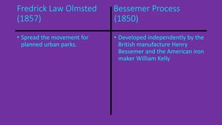 Fredrick Law Olmsted Bessemer Process 
(1857) (1850) 
• Spread the movement for 
planned urban parks. 
• Developed independently by the 
British manufacture Henry 
Bessemer and the American iron 
maker William Kelly 
 