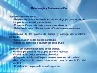 Sondeo acerca del tema
•Realización de una encuesta escrita en el grupo para reconocer
los problemas entre los estudiantes.
•Presentación de video sobre la sana convivencia.
•Relación de los problemas y selección de los más relevantes.
Organización de los grupos de trabajo y entrega del problema
planteado.
•Conformación de los grupos de trabajo.
•Sorteo del problema a trabajar por cada grupo.
Discusión del problema por parte de los grupos.
•Análisis por parte de los grupos en mesa redonda.
•Socialización de los resultados obtenidos.
•Búsqueda de información para la mejor solución del conflicto.
•Discusión con la nueva información para la resolución del
conflicto
•Socialización de parte de todos los grupos.
Metodología y fundamentación
 